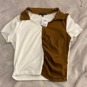 Brown and white ruched shirt